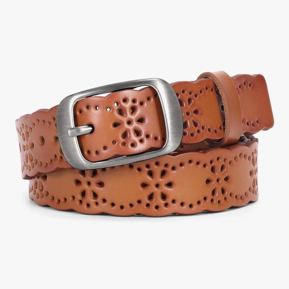 Women’s Neutral Tan Flower Soft Genuine Leather Belt NEW